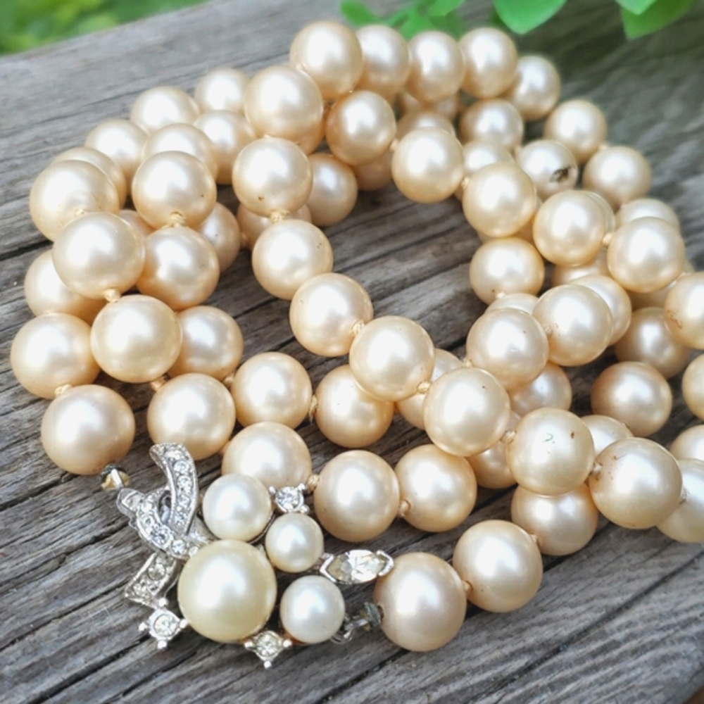 Gorgeous Vintage Marvella Pave Set Rhinestone Cream Pearl Long Sautoir Necklace - Picture 2 of 11